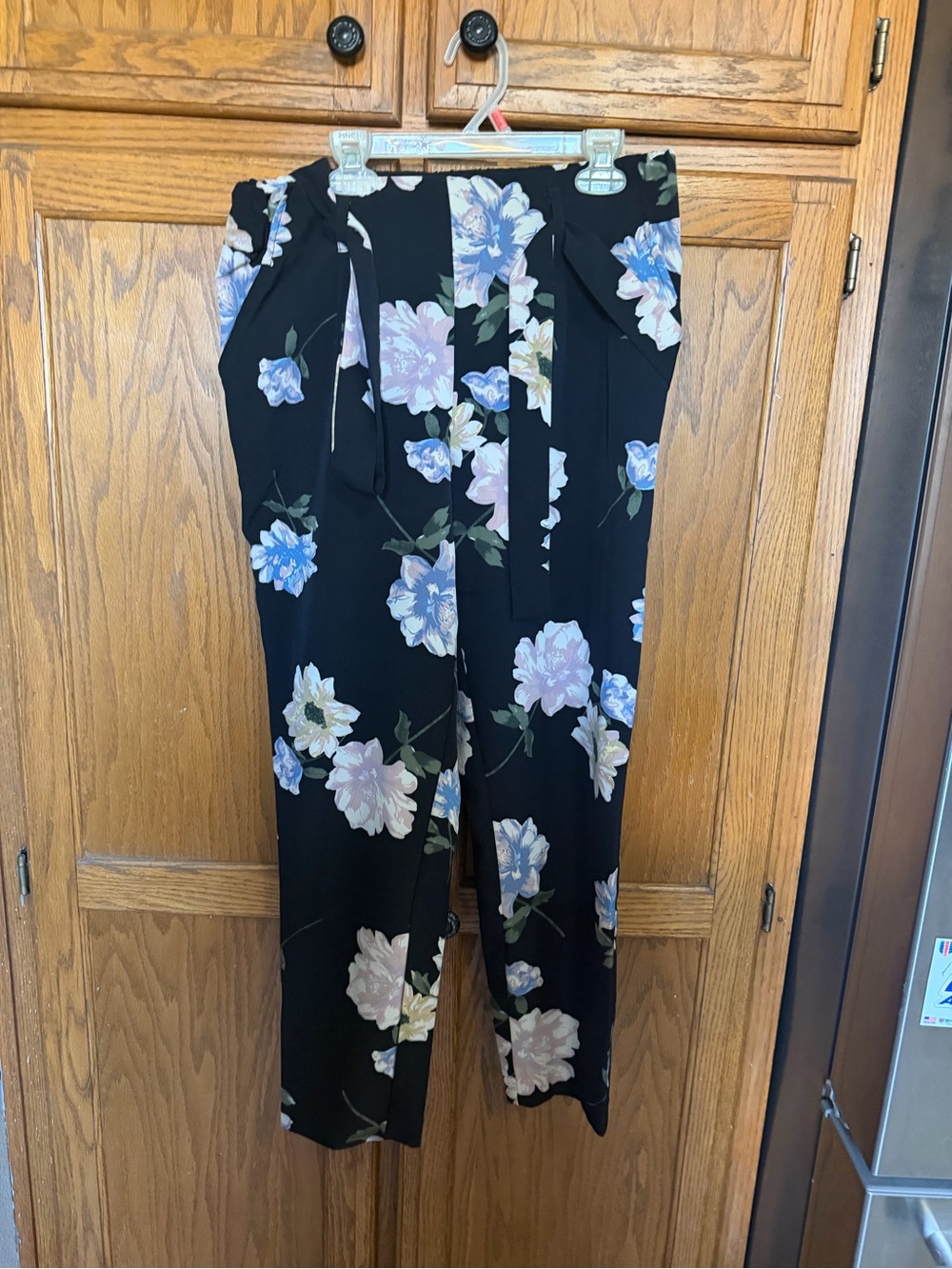 Floral Paperbag Waist Trousers in Black with Blue & Cream Blooms